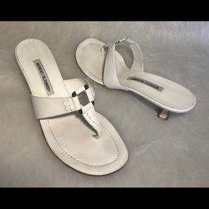 Manolo Blahnik white leather thong heels